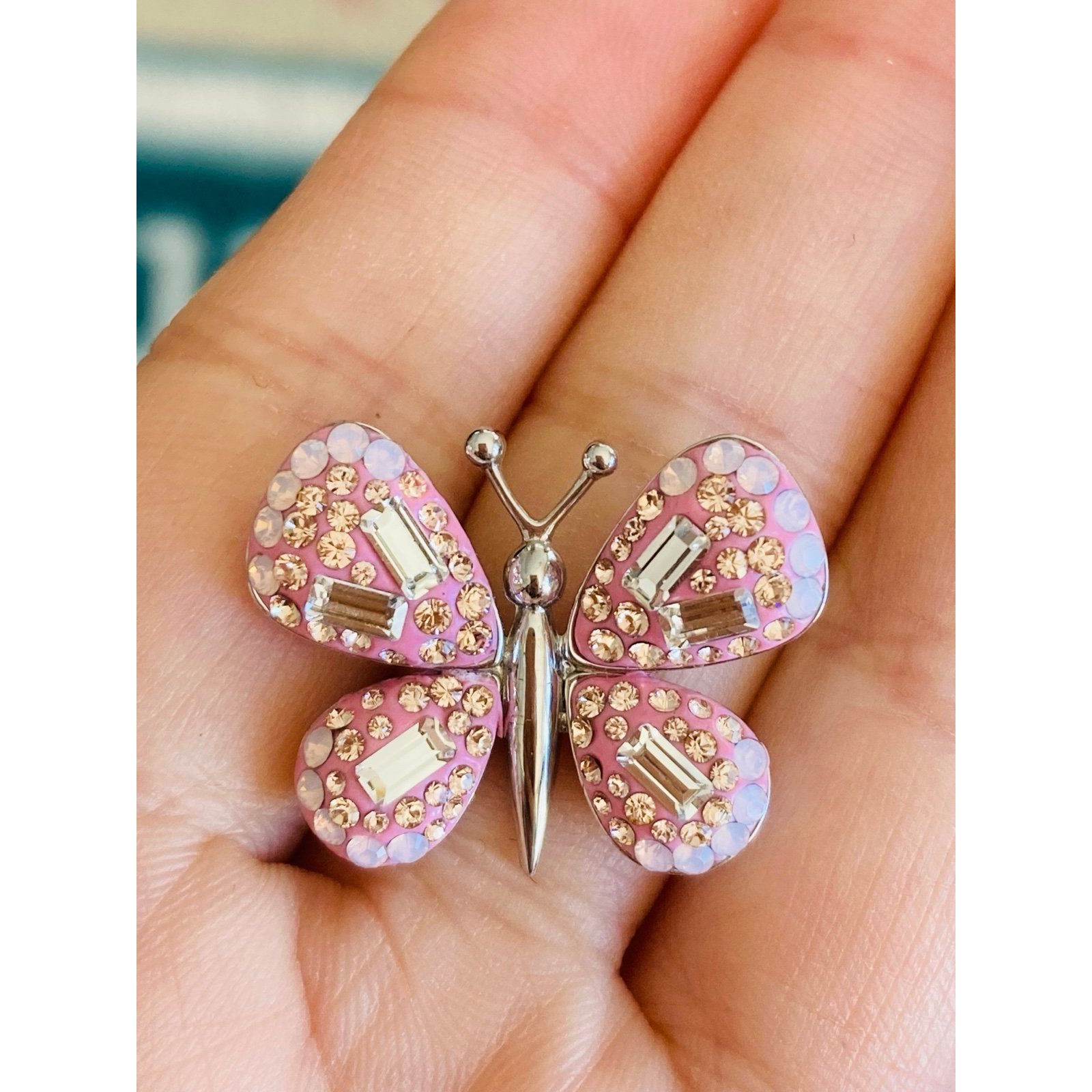 Rl 925 Sterling Silver Rhinestone Pink Butterfly Pendant